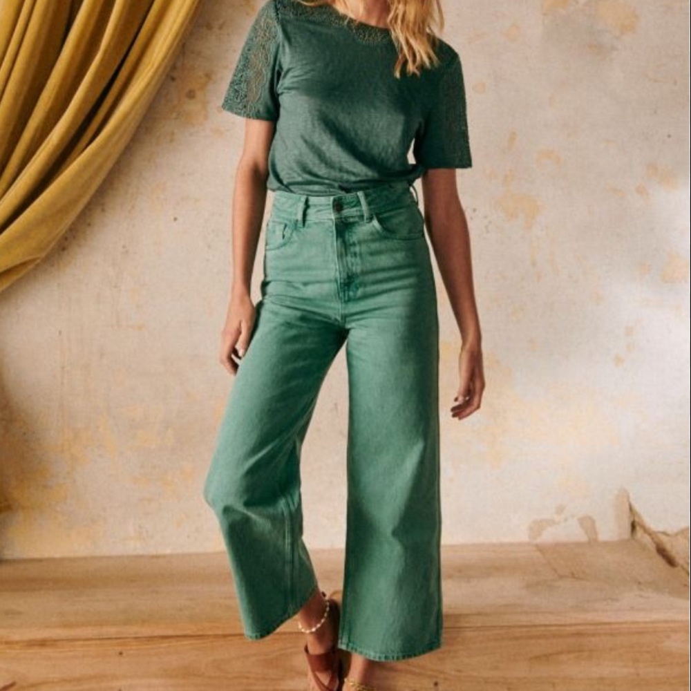 Sezane Green High-Rise Wide-Leg Jeans